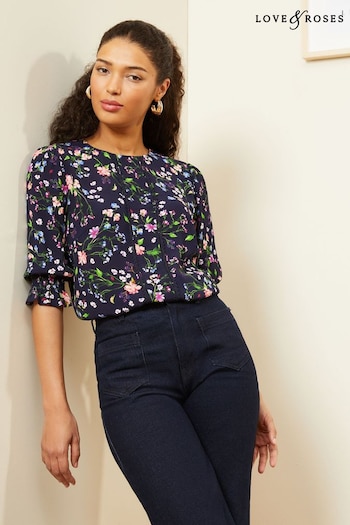Love & Roses Navy Printed Lace Trim Flute Sleeve Blouse (K69799) | £35