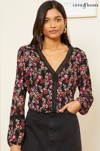 Love & Roses Black And Red Ditsy Floral Petite Jersey V Neck Long Sleeve Lace Insert Blouse (K69870) | £34