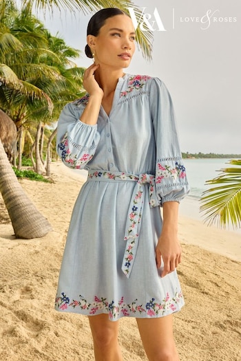 V&A | Sun Safe Swimwear Blue Embroidery Linen Blend V Neck Lace Trim Belted Mini Dress (K69889) | £60