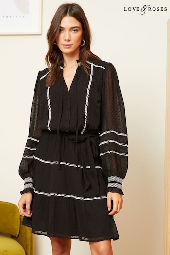A-Z Womens Brands Black and White Contrast Stitch Tie Neck Belted Mini Dress (K69901) | £55