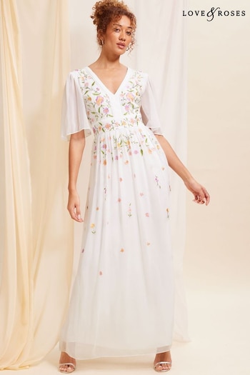 Love & Roses Ivory White Embellished Chiffon Flutter Sleeve Maxi Dress (K69902) | £135