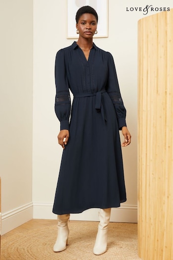 New: This Week Navy Blue Lace Trim V Neck Belted Shirt Dress (K69909) | £56