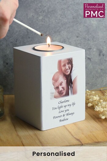 Personalised Photo Upload White Wooden Tea Light Holder by PMC (K69952) | £15