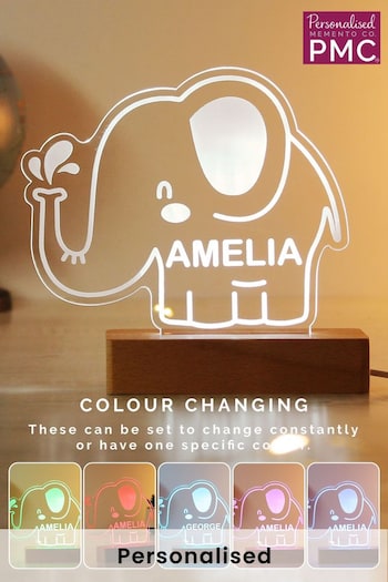 Personalised Elephant Wooden Based LED Light by PMC (K69962) | £22
