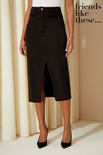 Friends Like These Black Split Front Midi Skirt (K70045) | £35