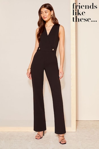 Friends Like These Black Wrap Front Detail V Neck Tailored Jumpsuit (K70055) | £66