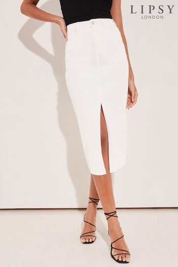 Lipsy White Denim High Rise Split Front Midi Skirt (K70084) | £42