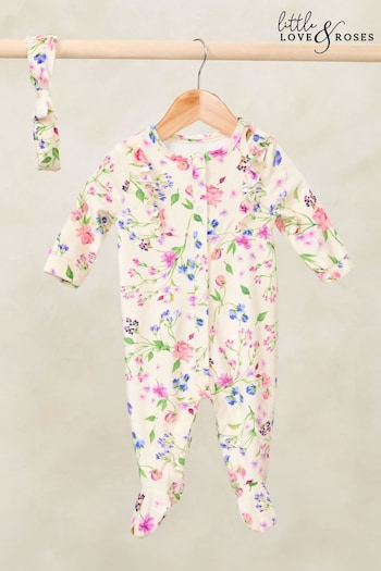 Friends Like These Cream Floral Velour Sleepsuit With Matching Headband (0-2yrs) (K70129) | £23 - £25