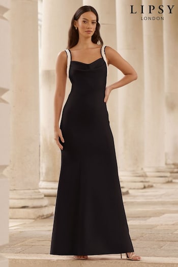 Lipsy Black Pearl Strap Cowl Maxi Bridesmaid Dress (K70138) | £99