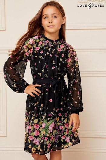 Laura Ashley Girlswear Black Floral Printed Long Sleeve Dress (K70250) | £44 - £52