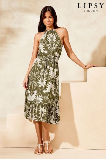 Lipsy Palm Print Jersey Sleeveless Halter Holiday Shop Midi Dress (K70267) | £39