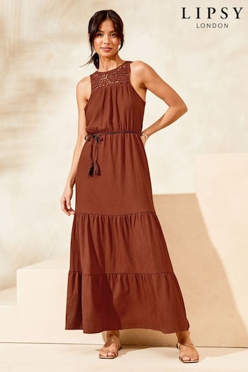 Lipsy Brown Crochet Hybrid Racer Tiered Holiday Cover Up Dress (K70277) | £50