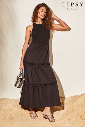 Lipsy Black Halter Sleeveless Hybrid Mix Tiered Maxi Dress (K70289) | £48