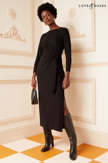 Love & Roses Black Petite Long Sleeve Wrap Midi Dress (K70295) | £44