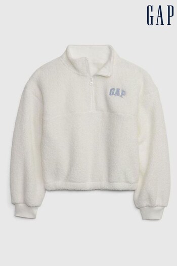Gap White Sherpa Quarter Zip Long Sleeve Mock Neck Sweatshirt (K70388) | £25