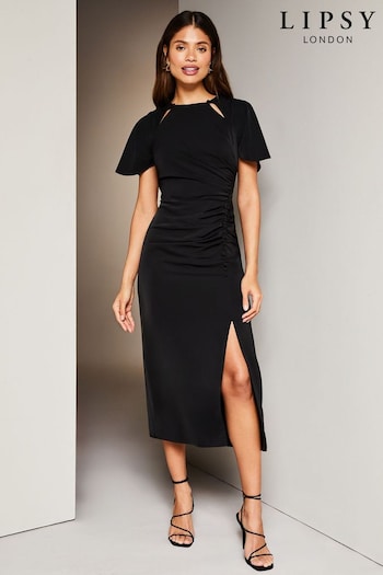 Lipsy Black Ruched Button Front Sleeved Midi Dress (K70400) | £69