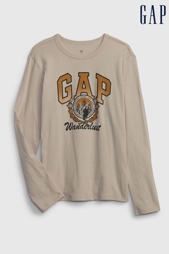 Gap Beige Round Neck Long Sleeve Graphic T-Shirt (K70415) | £10