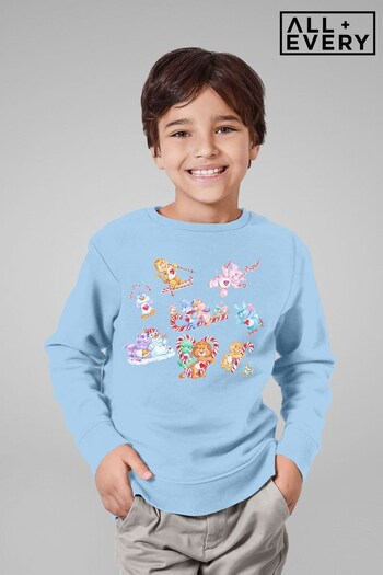 All + Every Sky Blue Care Bears Christmas Candy Cane Montage Kids Sweatshirt (K70544) | £26