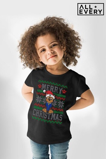 All + Every Black PAW Patrol Chase Merry Christmas Kids T-Shirt (K70555) | £19
