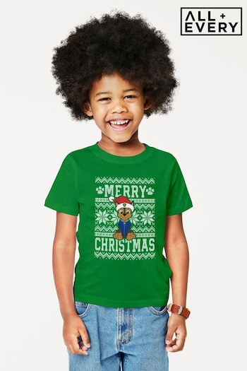 All + Every Kelly Green PAW Patrol Chase Merry Christmas Snowflakes Kids T-Shirt (K70556) | £19