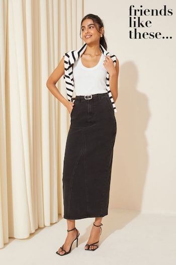 New In Bedding Black Godet Denim Maxi Skirt (K70583) | £38
