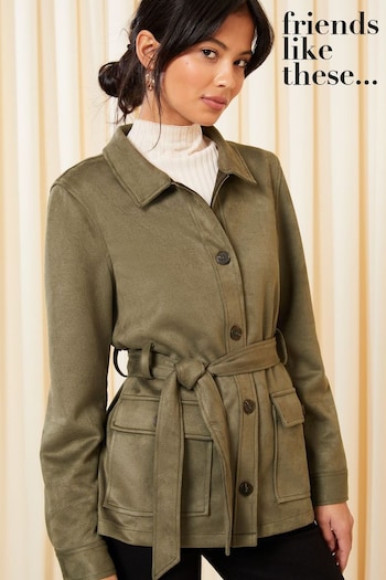 Friends Like These Khaki Green Faux Suede Belted Shirt Jacket (K70591) | £46
