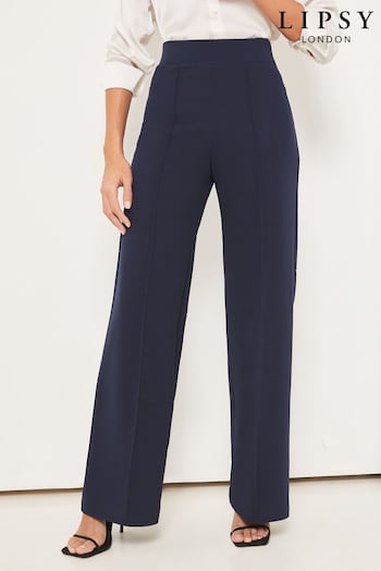 Lipsy Navy Blue Twill Petite High Waist Wide Leg Tailored Girl Trousers (K70706) | £32
