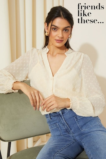 Friends Like These Cream Long Sleeve Grandad Collar Dobby Blouse (K70750) | £35