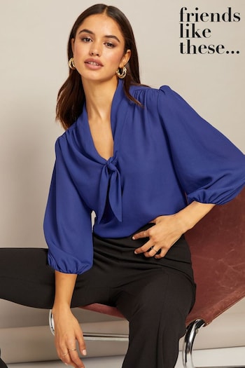Friends Like These Blue Petite V Neck Bow Front 3/4 Sleeve Blouse (K70756) | £30