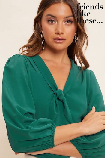 Friends Like These Green Petite V Neck Bow Front 3/4 Sleeve Blouse (K70757) | £30