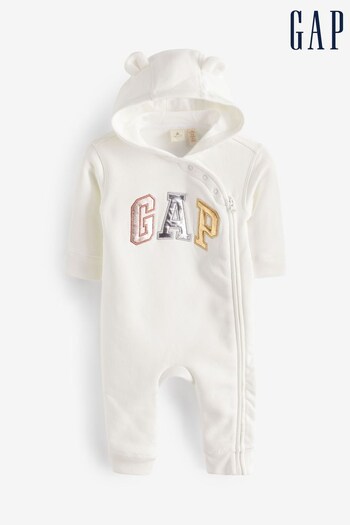 Gap White Metallic Logo Zip Up Sleepsuit (Newborn-12mths) (K70855) | £25