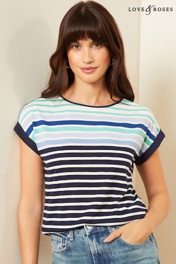 Love & Roses Blue Ombre Stripe Crew Neck Woven Trim Linen Look Jersey T-Shirt (K70909) | £24