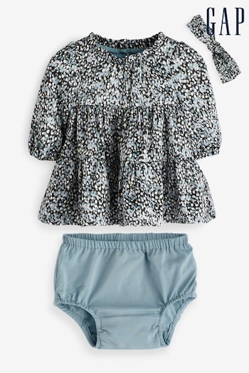 Gap Teal Floral Print Long Sleeve Baby Dress Set (K70963) | £35