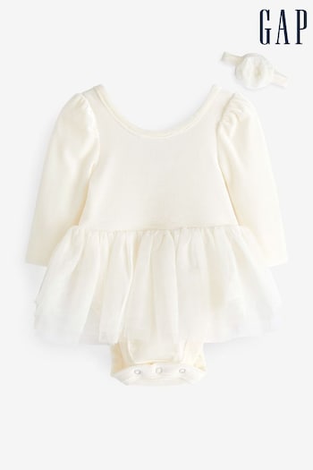Gap White Long Sleeve Crew Neck Tulle Dress - Baby (Newborn - 24mths) (K70964) | £35