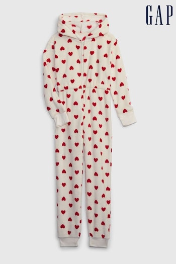 Gap White and Red Fleece Heart Print Hooded Sleepsuit (K71064) | £30