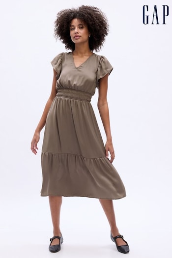 Gap Brown Satin Flutter Sleeve Midi Dress (K71082) | £55