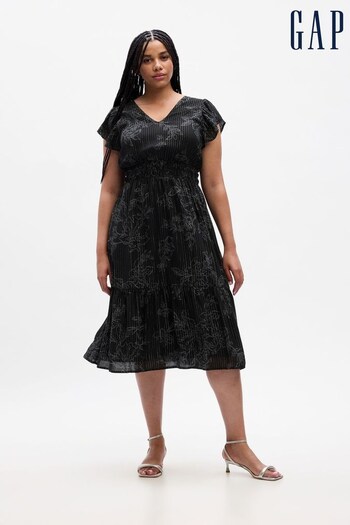 Gap Black Smocked Print Flutter Sleeve Midi Dress (K71085) | £55