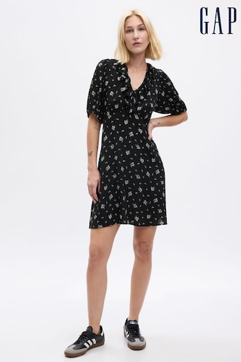 Gap Black Ruffle Print Puff Sleeve Mini Dress (K71169) | £50