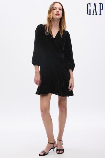 Gap Black Velvet V Neck Wrap Mini Dress (K71209) | £70