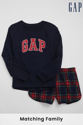 Gap Navy Blue Tartan Check Logo Family Christmas Kids Short Pyjamas (K71222) | £30