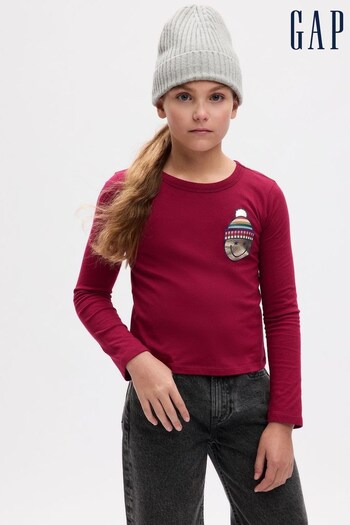 Gap Berry Red Organic Cotton Graphic Crew Neck Long Sleeve T-Shirt (K71235) | £10