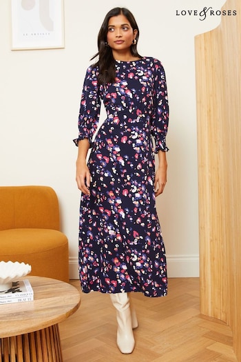 Love & Roses Navy Blue Animal Empire Bust Round Neck Puff Sleeve Midi Dress (K71270) | £50