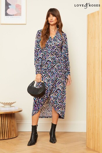 The Trainer Hub Purple Print Petite Wrap Long Sleeve Jersey Midi Dress (K71274) | £50