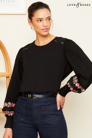 Love & Roses Black Embroidered Puff Sleeve Jersey T-Shirt (K71278) | £32