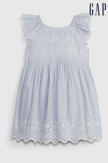 Gap Blue Cotton Eyelet Flutter Sleeve Baby Dress Bord (Newborn-5yrs) (K71323) | £35