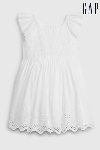 Gap White Cotton Eyelet Flutter Sleeve Baby Dress Bord (Newborn-5yrs) (K71324) | £35