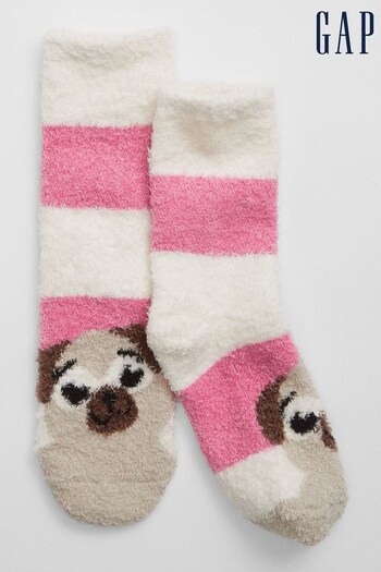 Gap White & Pink Stipes Cosy Fluffy Graphic Socks (K71365) | £4