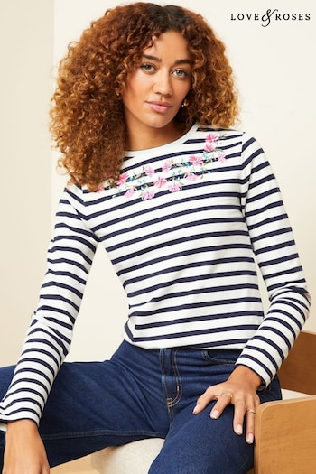 Love & Roses Ivory White Floral Embroidery Stripe Long Sleeve Jersey Top (K71429) | £32