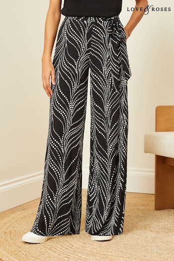 Love & Roses Black and White Polka Dot Printed Belted Wide Leg Trousers Marrone (K71436) | £42