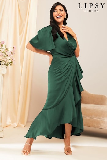 Lipsy Green Curve Flutter Sleeve Wrap Front Bridesmaid Maxi Dress (K71479) | £72
